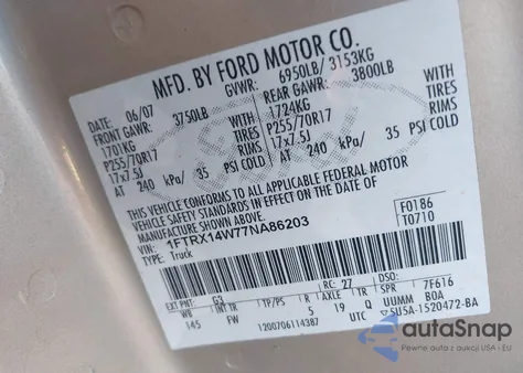 2007 Ford F-150 Fx4/Stx/Xl/Xlt from USA, damaged, VIN 1FTRX14W77NA86203